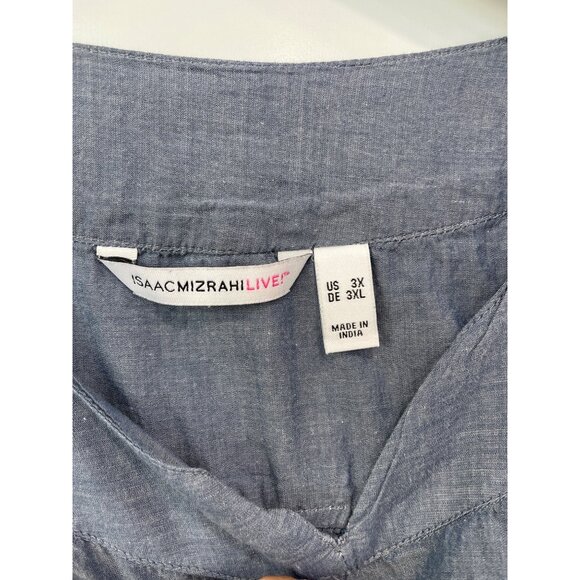 Isaac Mizrahi Live Cotton Lawn Split Neck Embroidered Blouse Womens 3X Chambray - Picture 7 of 11